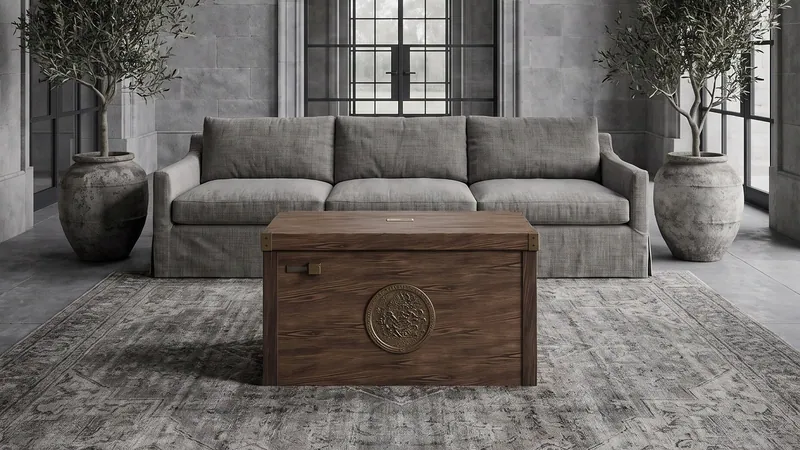 The chest before a grey sofa in a stone hall