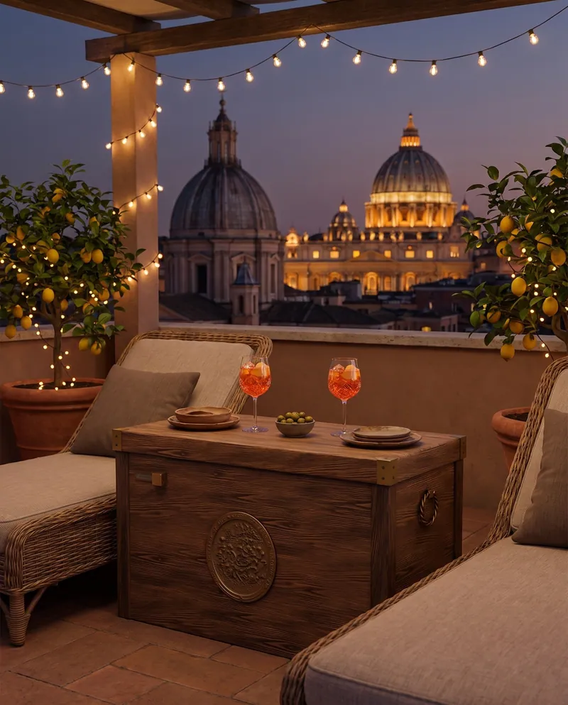 The chest on a terrace in Rome at dusk